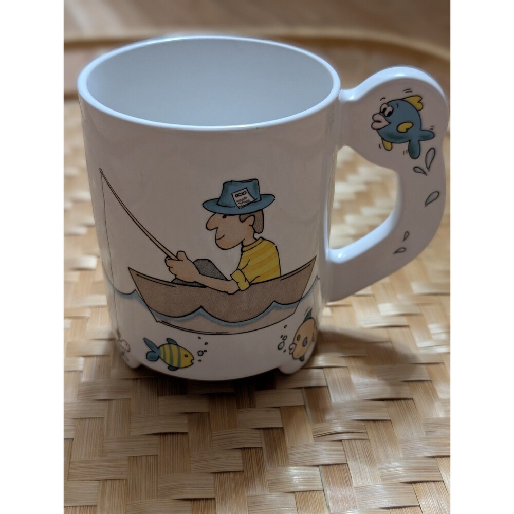 Vintage Ceramic Fishing Mug Fish Handle Fisherman in Boat Relief Made in Japan